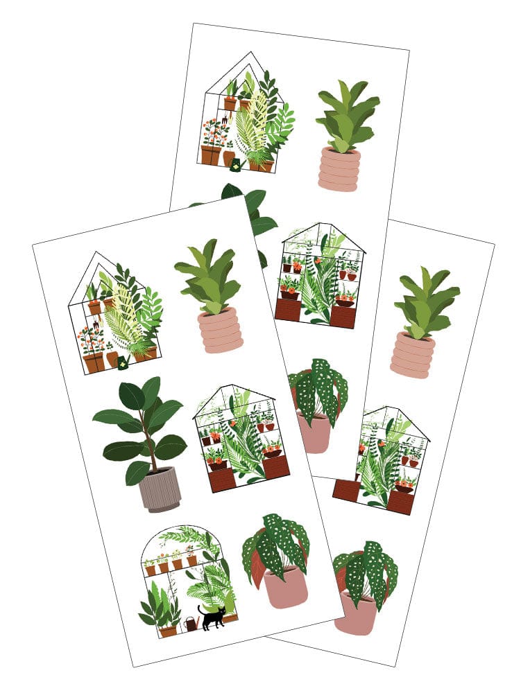 ST-2445E - Decorative Stickers - Greenhouses and Plants - Three sheets of decorative stickers featuring illustrated greenhouses and potted plants in green, terracotta, and neutral tones