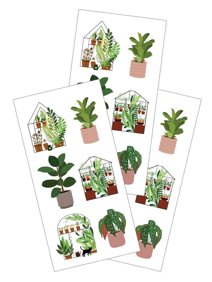 ST-2445E - Decorative Stickers - Greenhouses and Plants - Three sheets of decorative stickers featuring illustrated greenhouses and potted plants in green, terracotta, and neutral tones