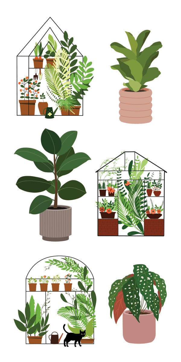 ST-2445E - Decorative Stickers - Greenhouses and Plants - Six illustrated stickers featuring greenhouses with plants and potted succulents in green, terracotta, and pink tones