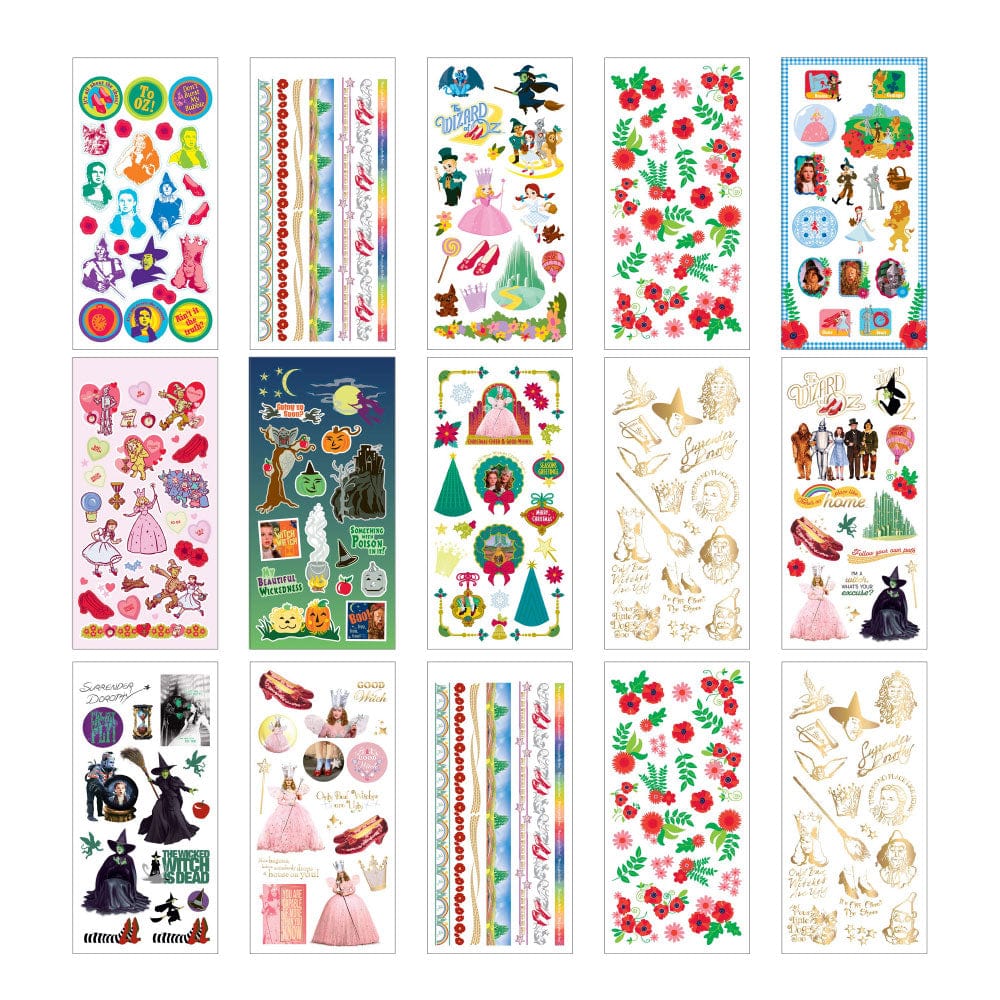 STBK-0009E - Wizard of Oz 30 page Sticker Book - Collection of 15 colorful sticker sheets featuring Wizard of Oz characters, florals, and themed designs in various layouts