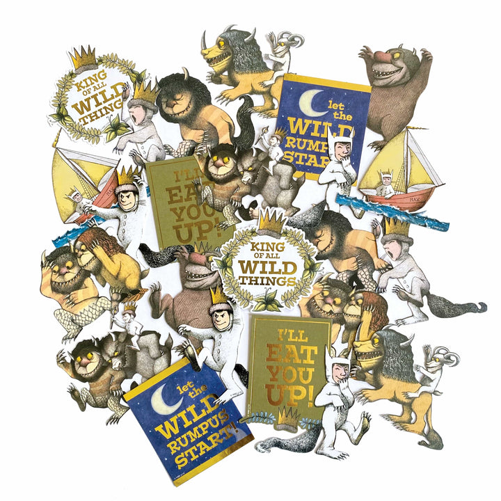 STDC-0020E - Die Cut Scrapbook Stickers - Wild Things - Colorful die-cut stickers featuring wild creatures, crowned children, boats, and book titles from the classic children&