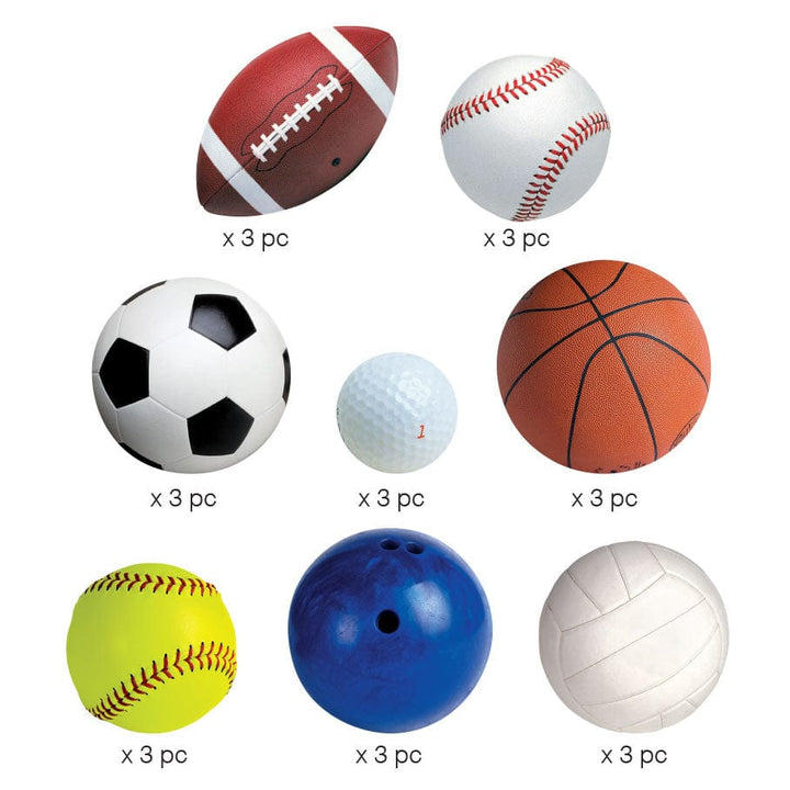 STDC-3021E - Die Cut Scrapbook Sticker Pack - Sports Balls - Nine assorted sports ball stickers in red, white, blue, yellow, and gray with quantity labels