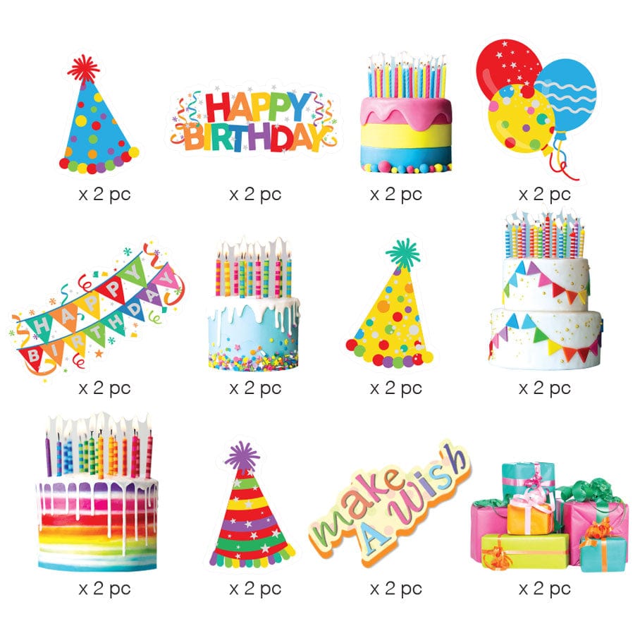 STDC-3023E - Die Cut Scrapbook Sticker Pack - Birthday - Colorful birthday-themed die-cut stickers including party hats, balloons, cakes, banners, and gifts in bright rainbow colors