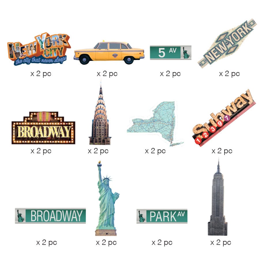 STDC-3024E - Die Cut Sticker Pack - New York City - Collection of 24 NYC-themed die-cut stickers featuring yellow taxi, Statue of Liberty, Empire State Building, Broadway sign, and street signs