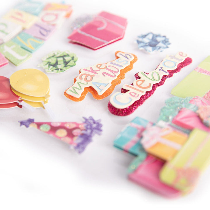 STDM-0180E - Scrapbook Stickers - 3D Happy Birthday - Colorful 3D stickers featuring "Make a Wish" and "Celebrate" text with balloons, party hats, and confetti designs on white background