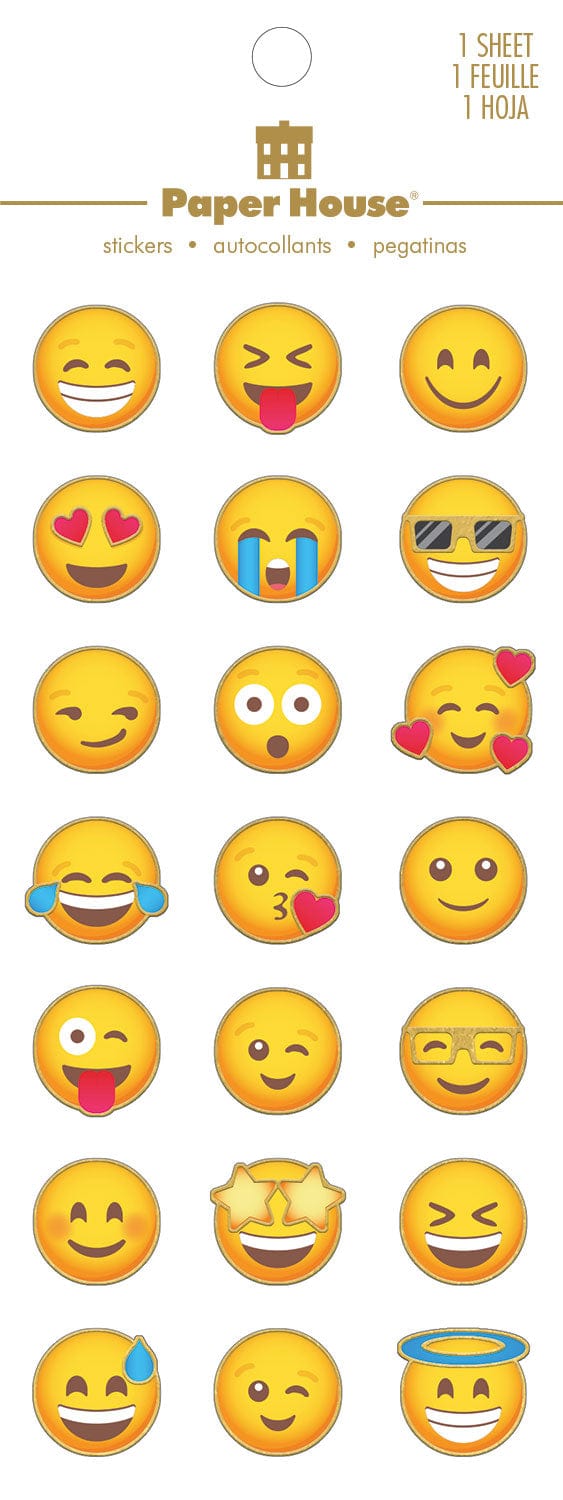 Decorative stickers featuring a variety of colorful emojis with gold details, shown in packaging on white background.