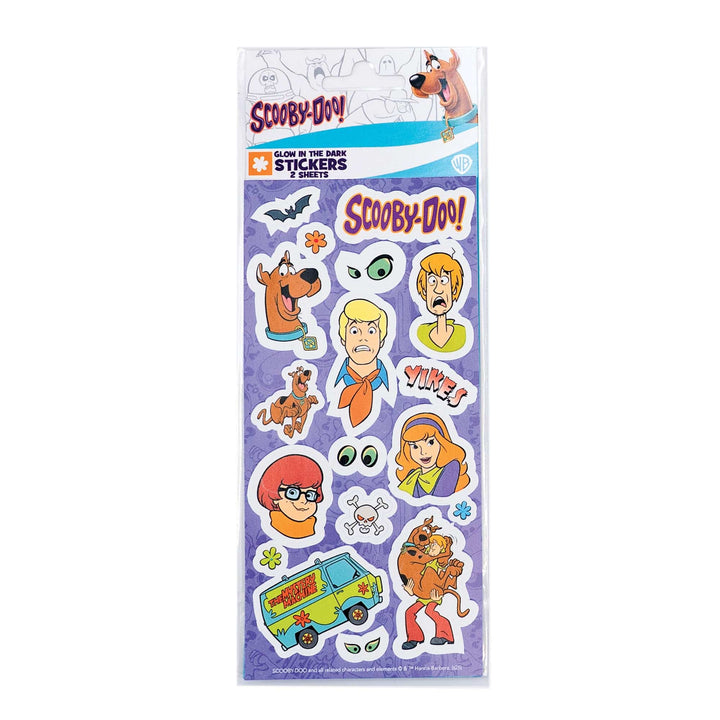 STGD-7007E - Glow In the Dark Stickers - Scooby Doo - Purple sticker sheet featuring Scooby-Doo characters, Mystery Inc. van, and glowing elements on white background
