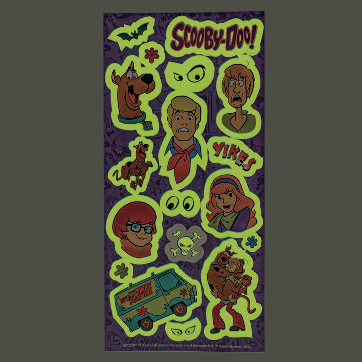 STGD-7007E - Glow In the Dark Stickers - Scooby Doo - Glow-in-the-dark sticker sheet featuring lime green outlined characters and icons from the animated series on a purple background