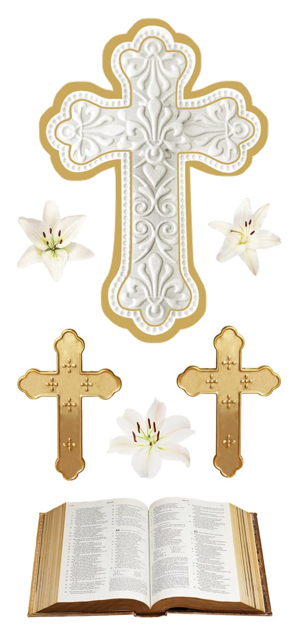 Decorative religious sticker set featuring a large ornate gold cross with cream and gray embossed floral patterns, two smaller gold crosses with cross motifs, three white lily flowers with yellow stamens, and an open leather-bound Bible, all with puffy debossed dimensional finish.