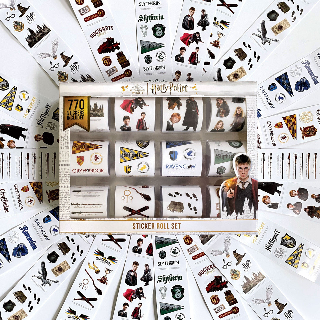 STRSET-0001E - Harry Potter Sticker Roll Box Set - Harry Potter sticker roll set with 770 stickers featuring house crests, characters, and magical symbols arranged in display box