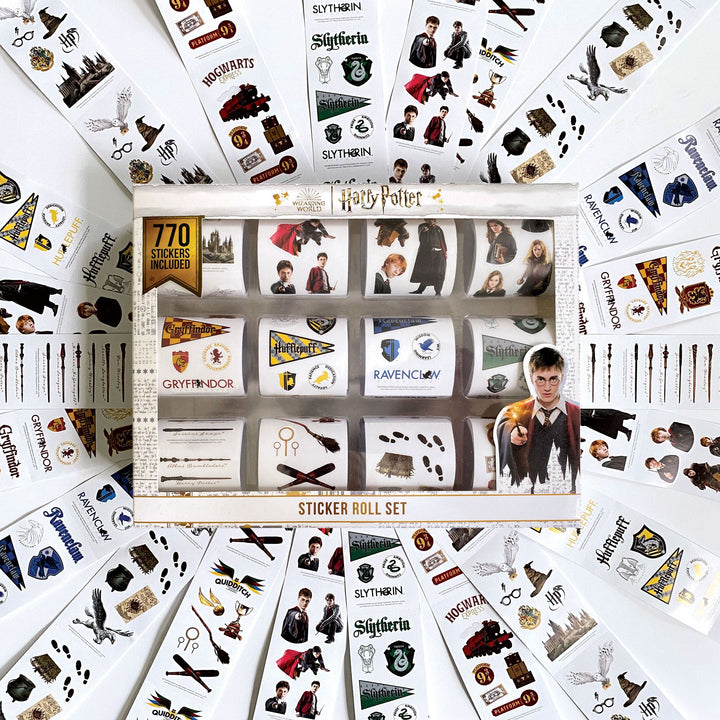 STRSET-0001E - Harry Potter Sticker Roll Box Set - Harry Potter sticker roll set with 770 stickers featuring house crests, characters, and magical symbols arranged in display box