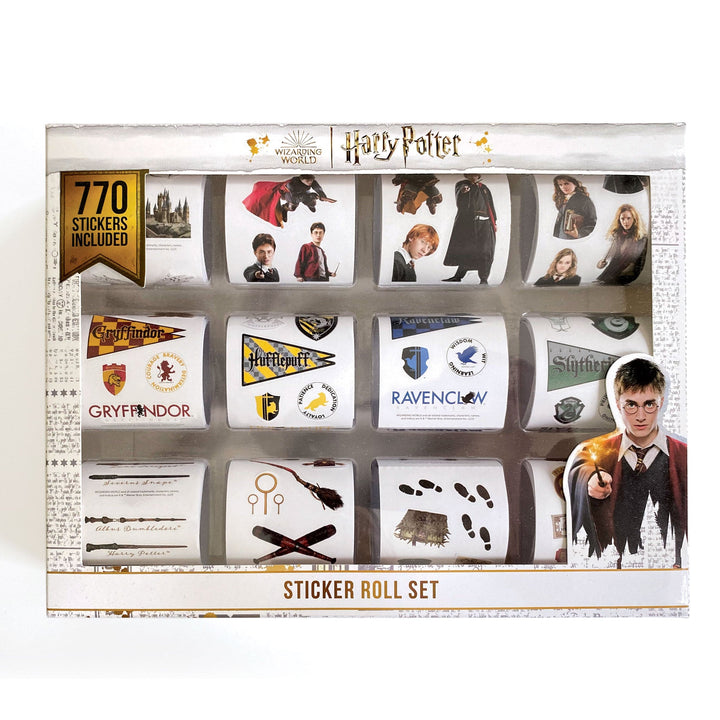STRSET-0001E - Harry Potter Sticker Roll Box Set - Retail box display featuring 12 sticker rolls with Harry Potter characters, house emblems, and magical imagery, containing 770 total stickers
