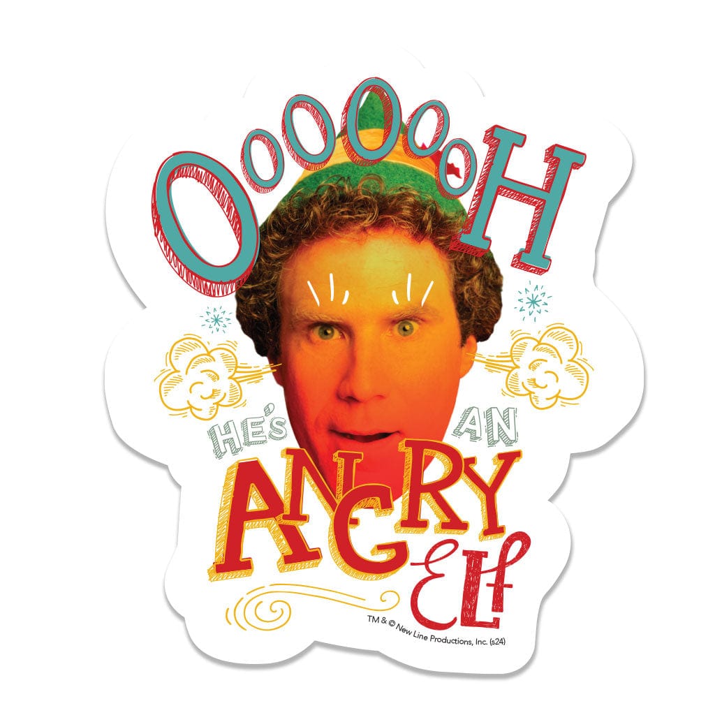 STUV-0116E - Elf - Angry Elf Vinyl Sticker - Vinyl sticker featuring a character with orange-tinted face wearing a green crown, with "OOOH" text above and "HE'S AN ANGRY ELF" in red letters below