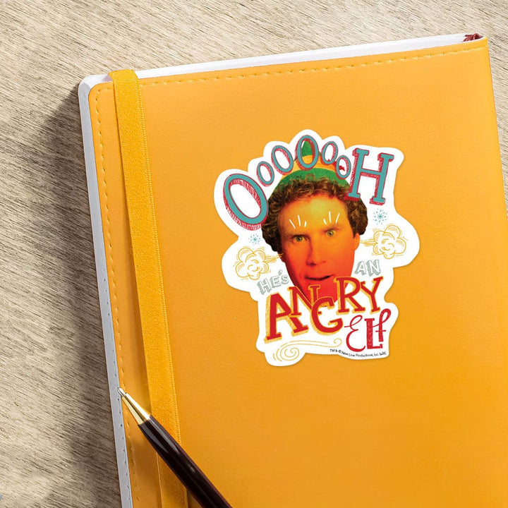 STUV-0116E - Elf - Angry Elf Vinyl Sticker - Yellow notebook with a white-bordered sticker featuring a character&
