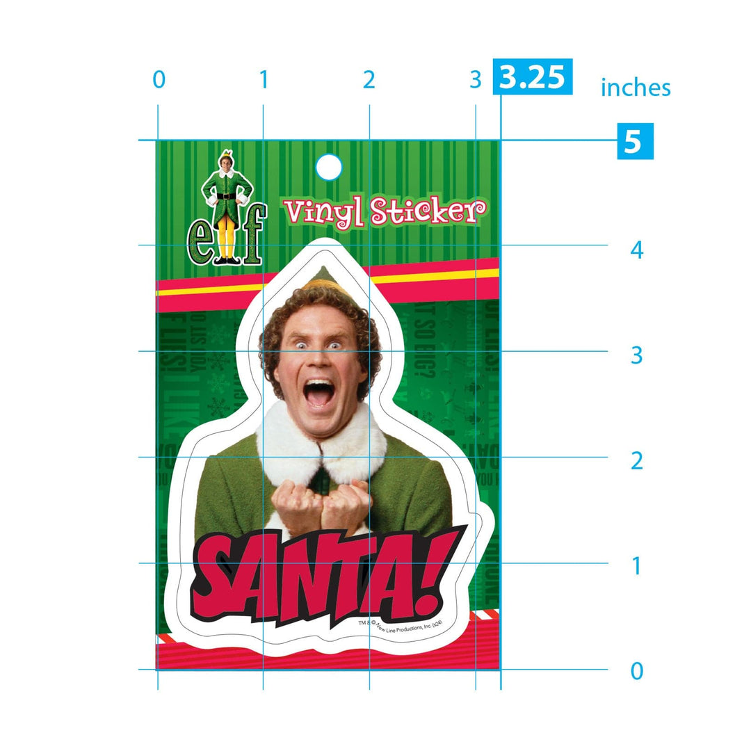STUV-0117E - Elf - Santa Vinyl Sticker - Green vinyl sticker featuring Buddy the Elf with excited expression, red "SANTA!" text, and decorative white scalloped border