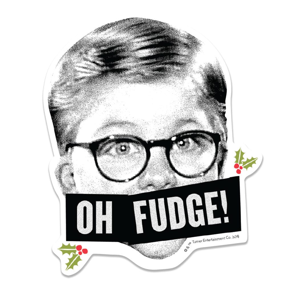 STUV-0118E - A Christmas Story - Oh Fudge Vinyl Sticker - Black and white vinyl sticker featuring a man with glasses and "OH FUDGE!" text, decorated with holly sprigs