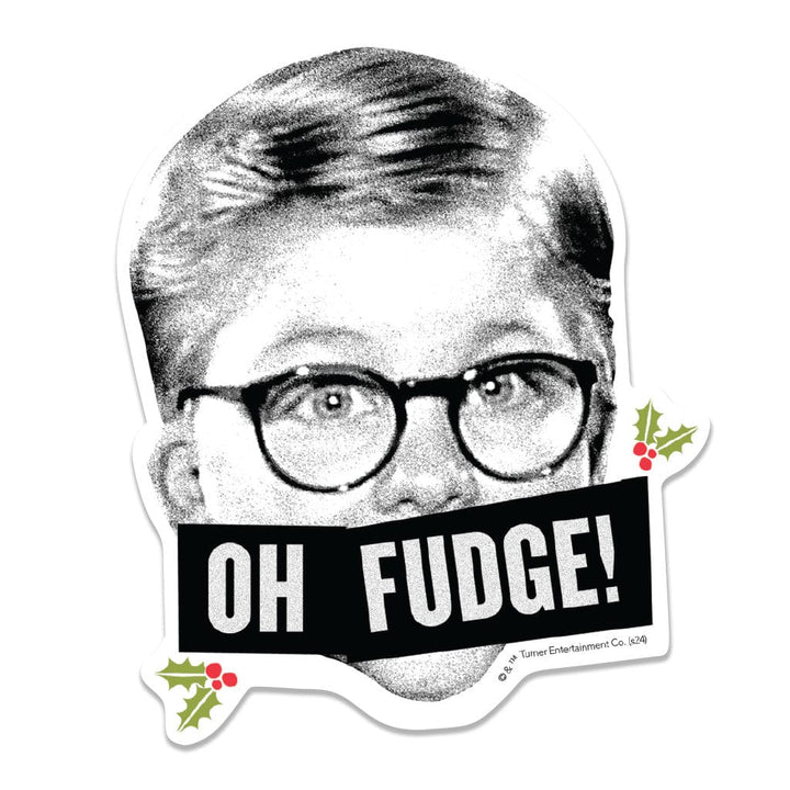 STUV-0118E - A Christmas Story - Oh Fudge Vinyl Sticker - Black and white vinyl sticker featuring a man with glasses and "OH FUDGE!" text, decorated with holly sprigs