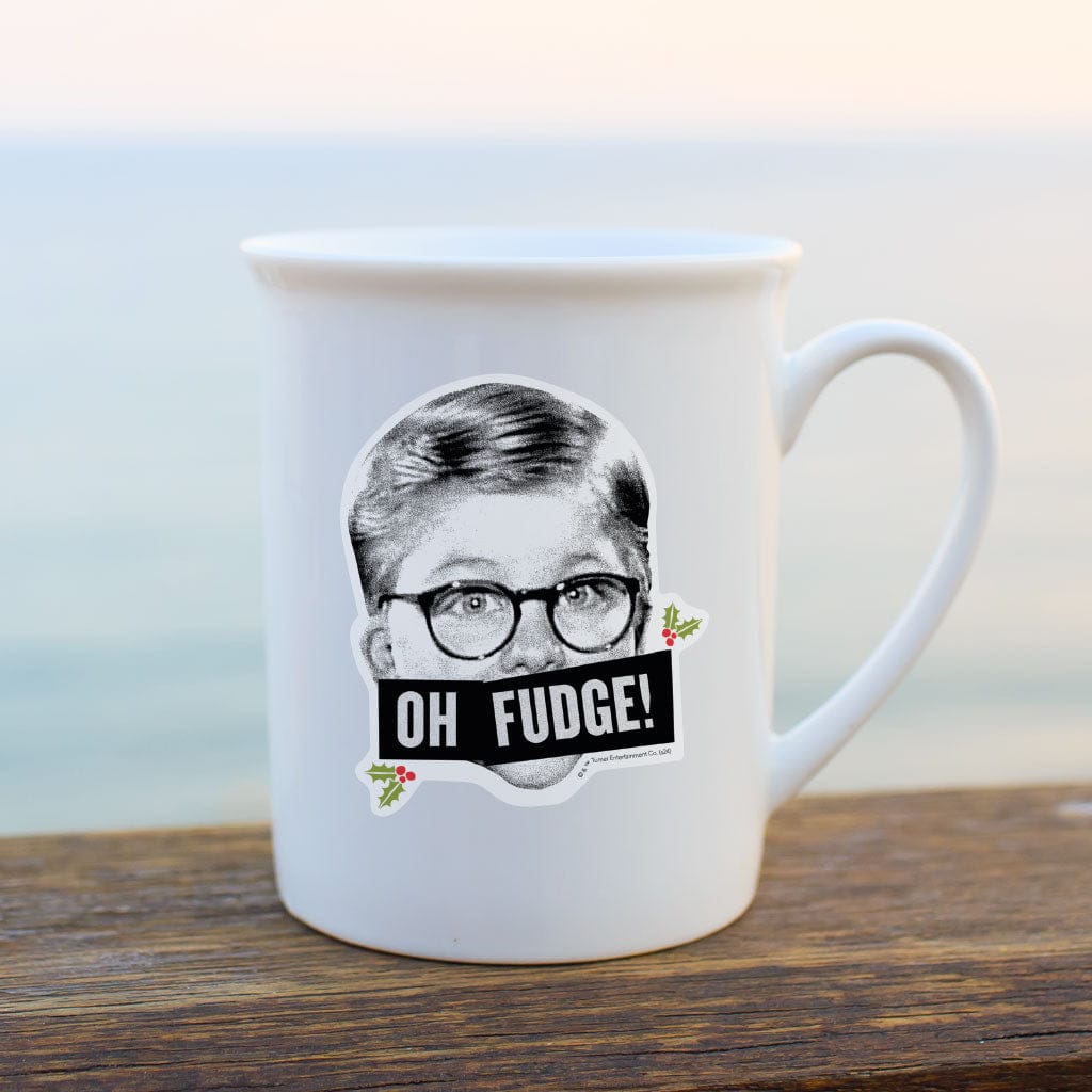STUV-0118E - A Christmas Story - Oh Fudge Vinyl Sticker - White mug featuring a black and white portrait of a man with glasses and "OH FUDGE!" text with holly leaf accents