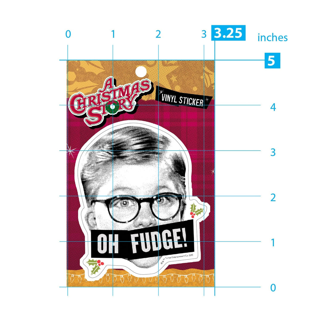 STUV-0118E - A Christmas Story - Oh Fudge Vinyl Sticker - Vinyl sticker featuring a black and white illustration of a man with glasses and the text "OH FUDGE!" on a burgundy and gold background with holly accents