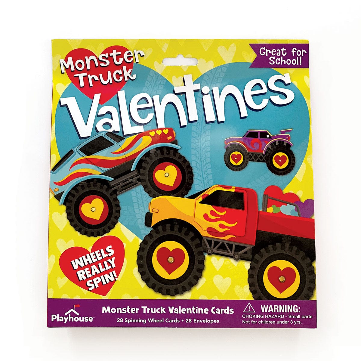VPL-7020E - Valentine Cards Set - Monster Trucks - Colorful packaging featuring three monster trucks with spinning heart-shaped wheels on yellow and blue background