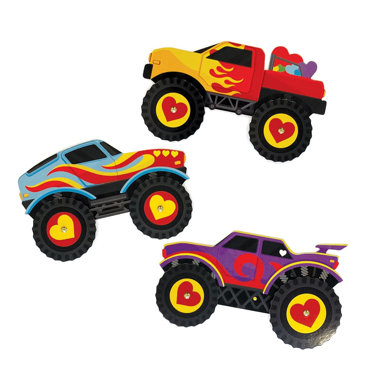 VPL-7020E - Valentine Cards Set - Monster Trucks - Three colorful monster trucks with flame designs and heart-shaped wheel centers in red, blue, and purple