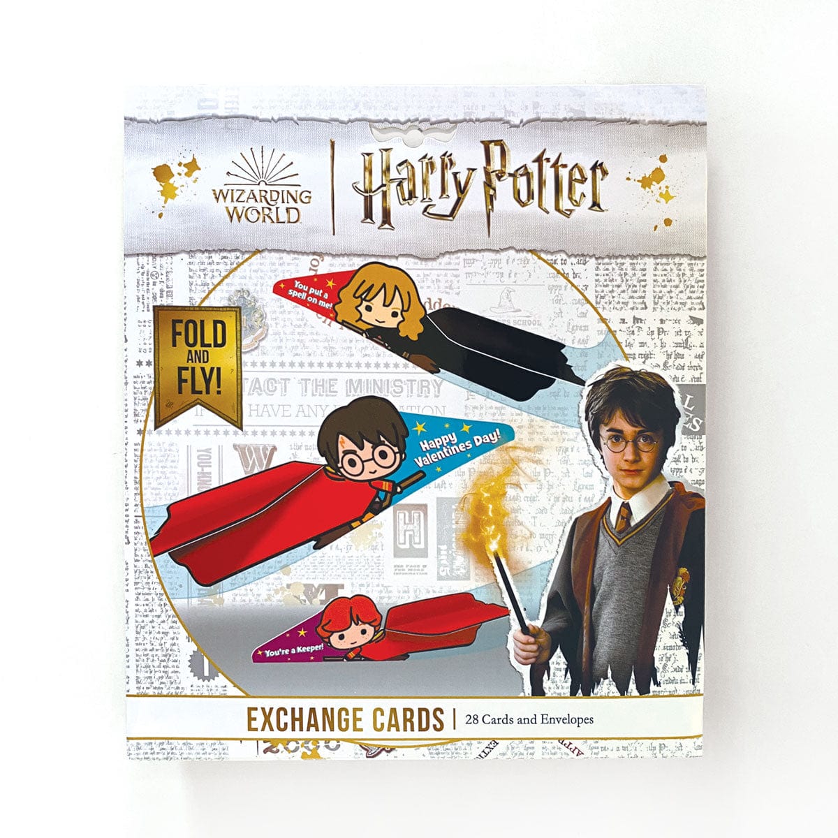 VPL-7022E - Valentine Cards Set - Harry Potter Chibi Flying Broom - Harry Potter exchange cards package featuring chibi-style characters flying on broomsticks with "Fold and Fly" instructions and Valentine messages