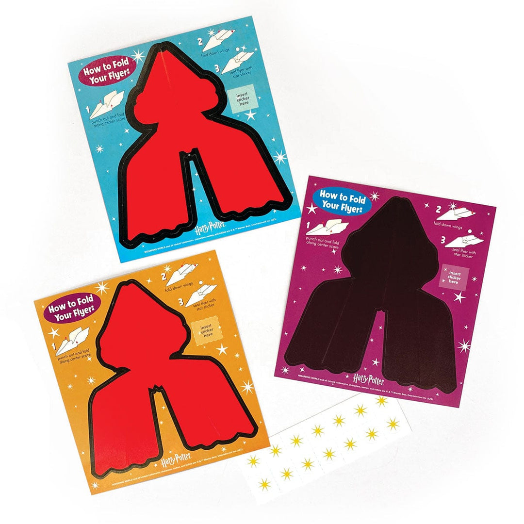 VPL-7022E - Valentine Cards Set - Harry Potter Chibi Flying Broom - Three colorful paper flyer templates with folding instructions and character silhouettes in red and black against blue, orange, and purple backgrounds