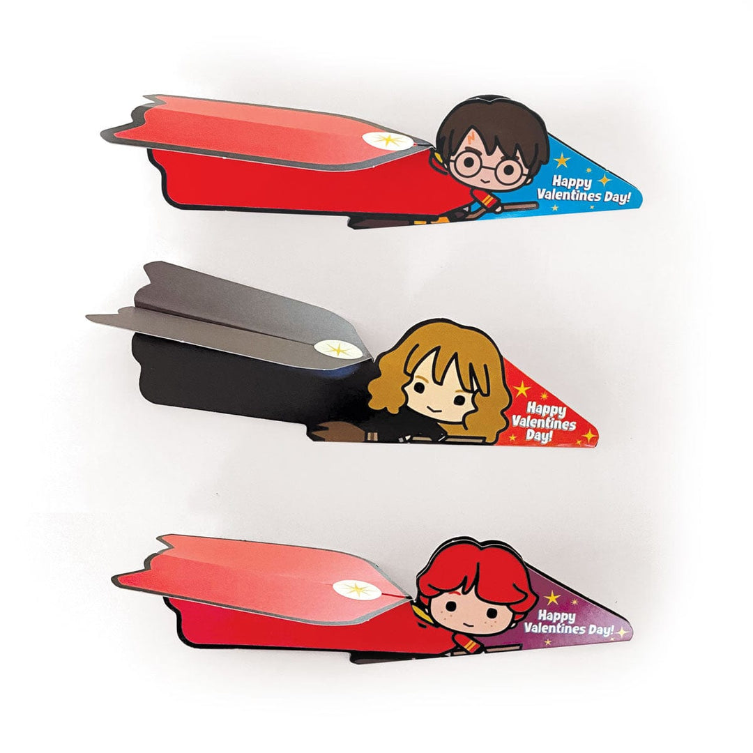 VPL-7022E - Valentine Cards Set - Harry Potter Chibi Flying Broom - Three Harry Potter chibi character Valentine cards shaped like flying broomsticks with "Happy Valentines Day" text