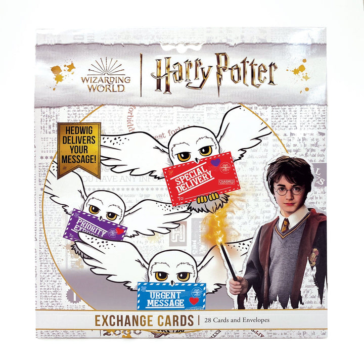 VPL-7023E - Valentine Cards Set - Harry Potter Owls - Harry Potter exchange cards package featuring three white owls with delivery-themed labels and Harry Potter character on beige background