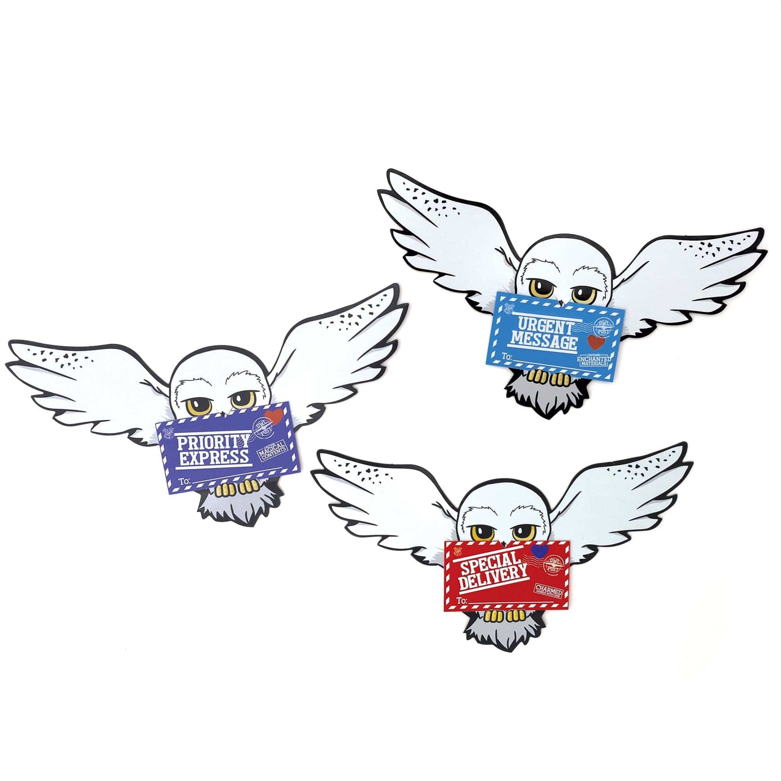 VPL-7023E - Valentine Cards Set - Harry Potter Owls - Three white owls with wings spread holding colored envelopes labeled "Priority Express," "Urgent Message," and "Special Delivery."