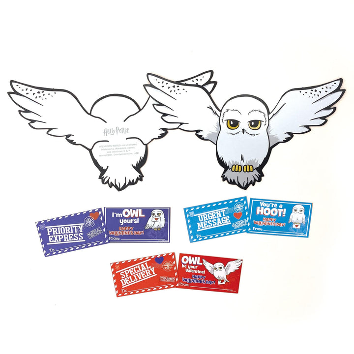 VPL-7023E - Valentine Cards Set - Harry Potter Owls - Two white owls with yellow eyes and three colorful Valentine cards featuring owl designs and messages like "I&