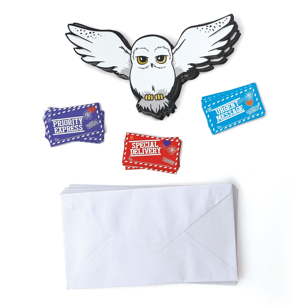 VPL-7023E - Valentine Cards Set - Harry Potter Owls - White owl with wings spread, three colorful mail sticker labels, and stack of white envelopes on white background