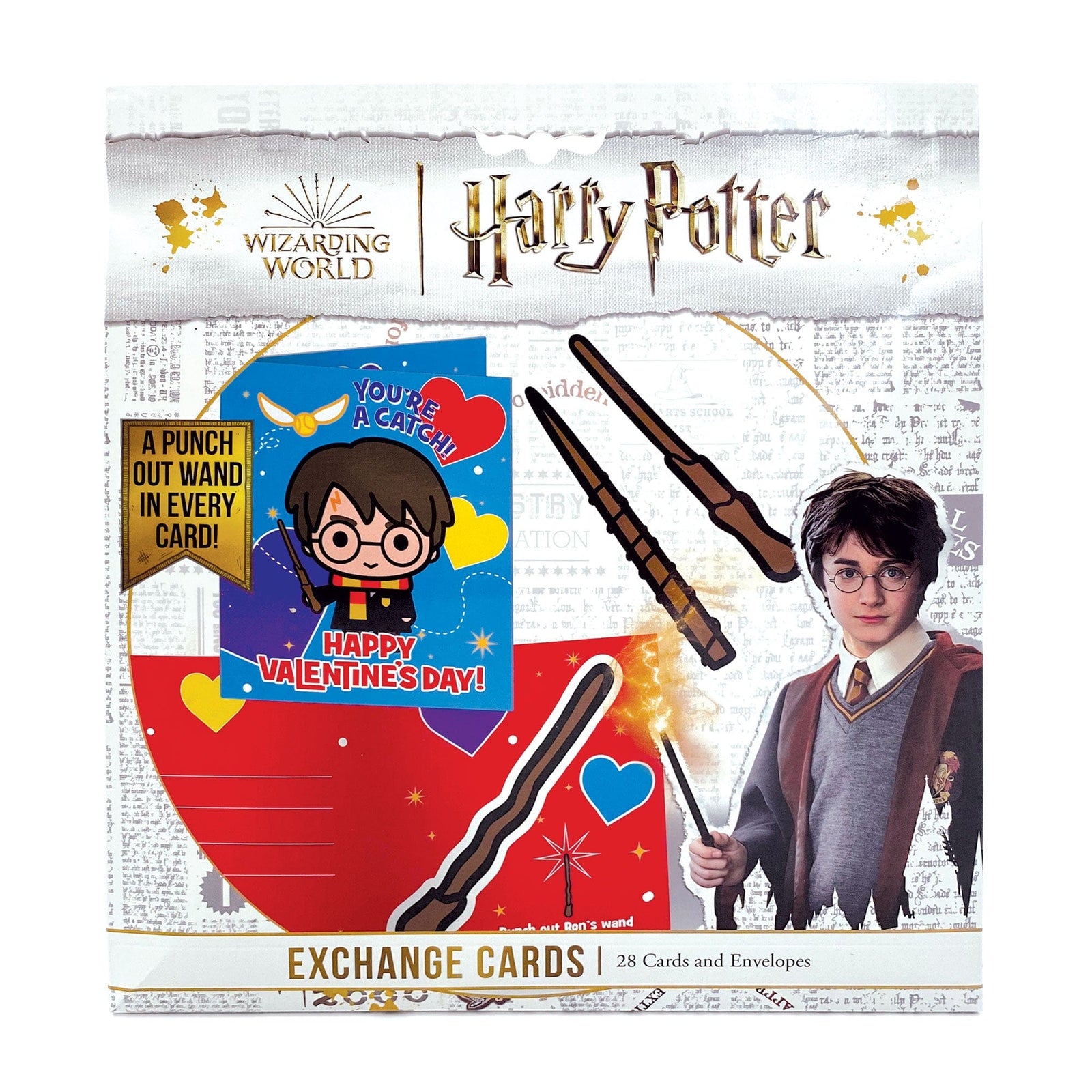 VPL-7024E - Valentine Cards Set - Harry Potter Wands - Harry Potter Valentine's Day exchange cards featuring wands and characters with gold accents on red and blue backgrounds