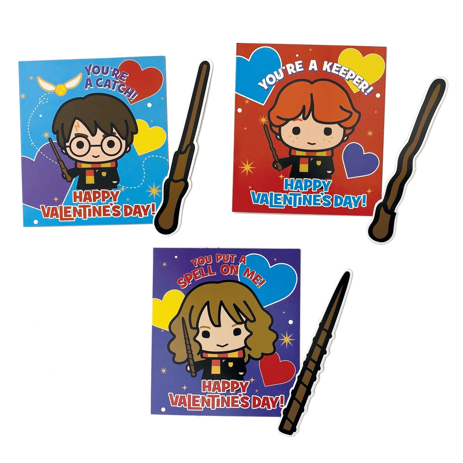 VPL-7024E - Valentine Cards Set - Harry Potter Wands - Three colorful Valentine's Day cards featuring Harry Potter characters with attached wand sticks on a white background