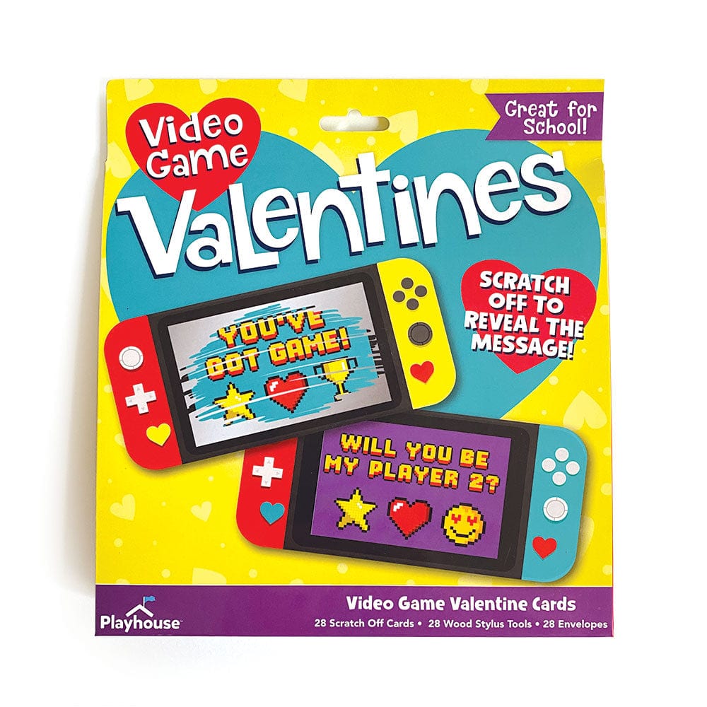 VPL-7031E - Valentine Cards Set - Video Game Scratch Offs - Yellow packaging featuring two pixelated video game consoles with scratch-off valentine cards displaying gaming messages and heart designs