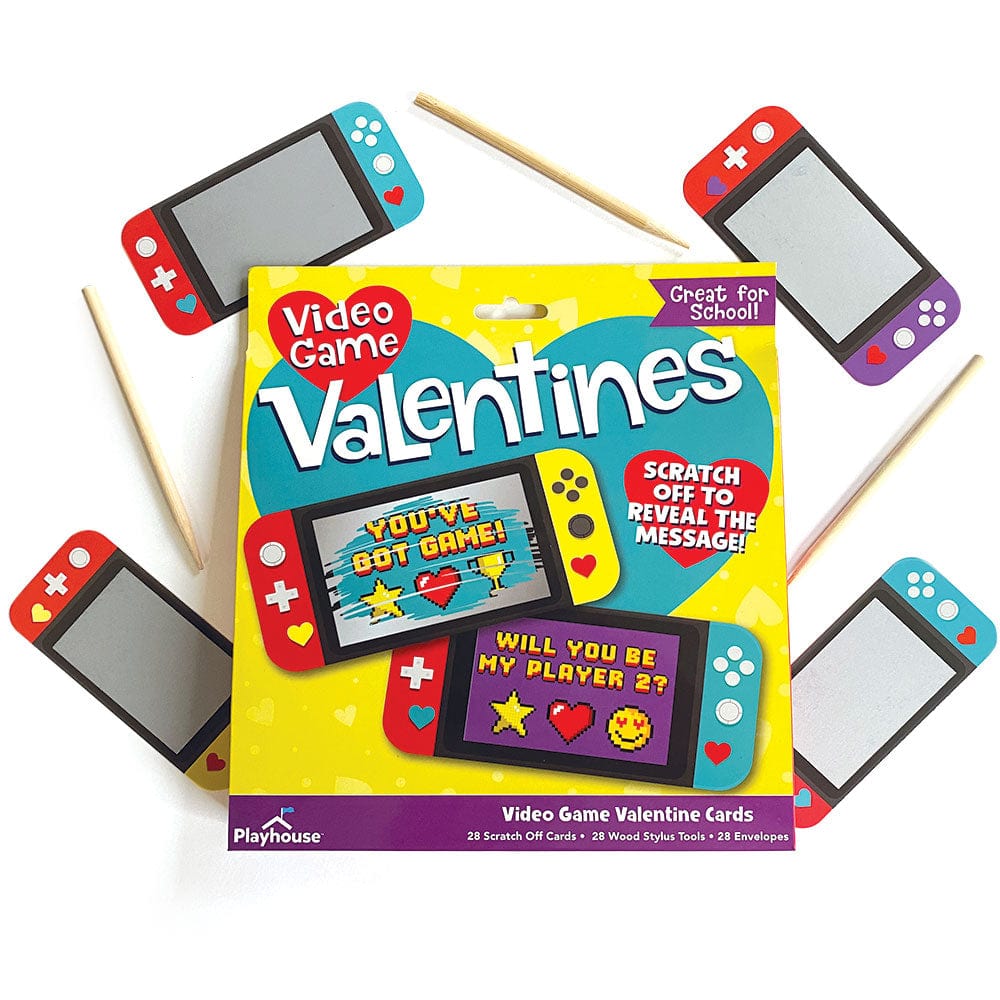 VPL-7031E - Valentine Cards Set - Video Game Scratch Offs - Yellow scratch-off valentine card package surrounded by four colorful Nintendo Switch controllers and wooden stylus tools