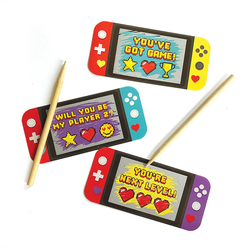VPL-7031E - Valentine Cards Set - Video Game Scratch Offs - Three Nintendo Switch-style scratch-off cards with pixel art gaming messages and wooden styluses on a white background