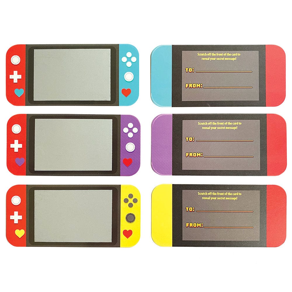 VPL-7031E - Valentine Cards Set - Video Game Scratch Offs - Six colorful gaming console-shaped scratch-off cards in red, blue, purple, and yellow with "TO:" and "FROM:" fields