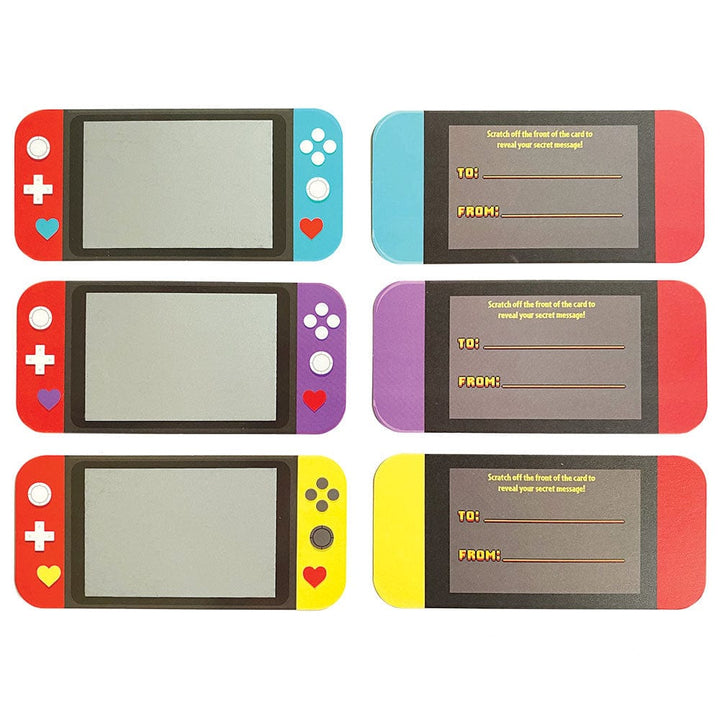 VPL-7031E - Valentine Cards Set - Video Game Scratch Offs - Six colorful gaming console-shaped scratch-off cards in red, blue, purple, and yellow with "TO:" and "FROM:" fields