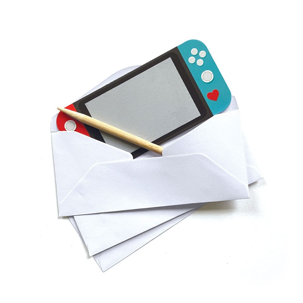 VPL-7031E - Valentine Cards Set - Video Game Scratch Offs - Nintendo Switch with red and blue controllers and heart symbol nestled in white envelopes with gold pencil