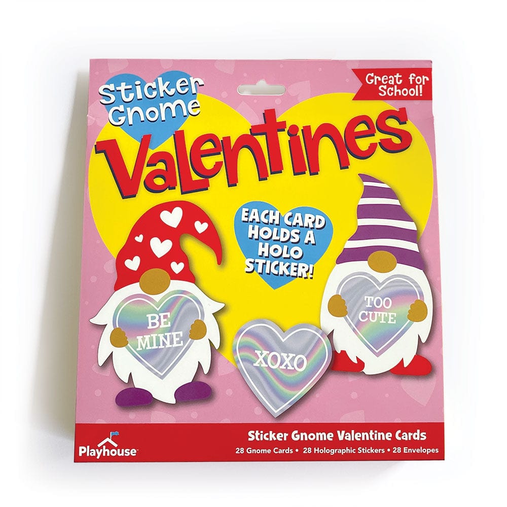 VPL-7032E - Valentine Cards Set - Gnomes w/ Holographic Stickers - Pink packaging box featuring colorful gnome characters with heart-shaped holographic stickers and Valentine messages like "BE MINE" and "XOXO."