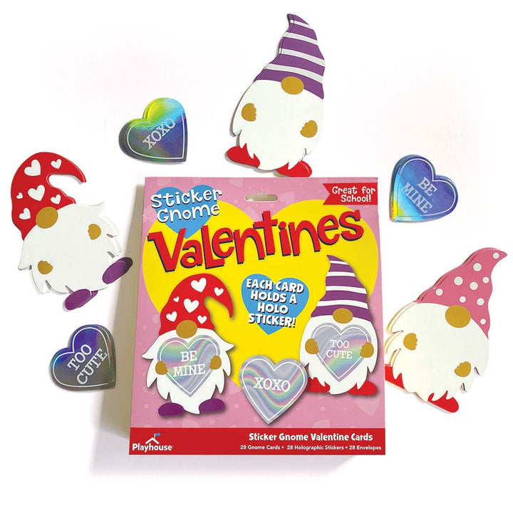 VPL-7032E - Valentine Cards Set - Gnomes w/ Holographic Stickers - Playhouse Sticker Gnome Valentines box with colorful gnome cards and holographic heart stickers displayed around it