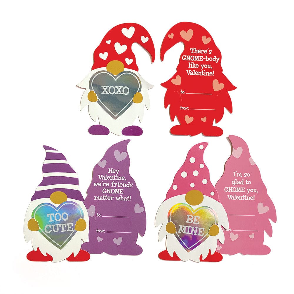 VPL-7032E - Valentine Cards Set - Gnomes w/ Holographic Stickers - Four colorful gnome-shaped Valentine cards with holographic heart stickers in red, purple, and pink
