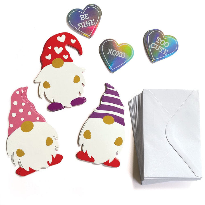 VPL-7032E - Valentine Cards Set - Gnomes w/ Holographic Stickers - Valentine card set featuring colorful gnomes with holographic heart stickers and white envelopes