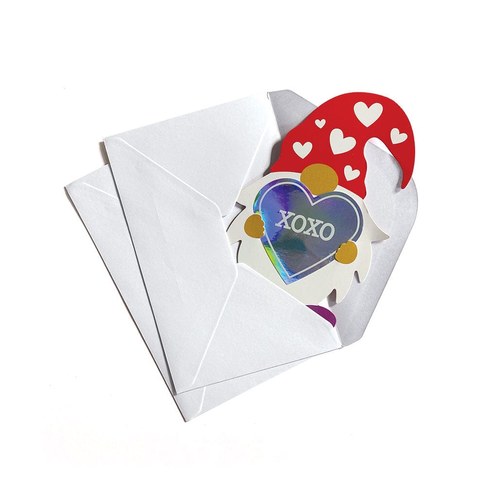VPL-7032E - Valentine Cards Set - Gnomes w/ Holographic Stickers - White envelope with red gnome card featuring white hearts, holographic "XOXO" heart sticker, and gold accents