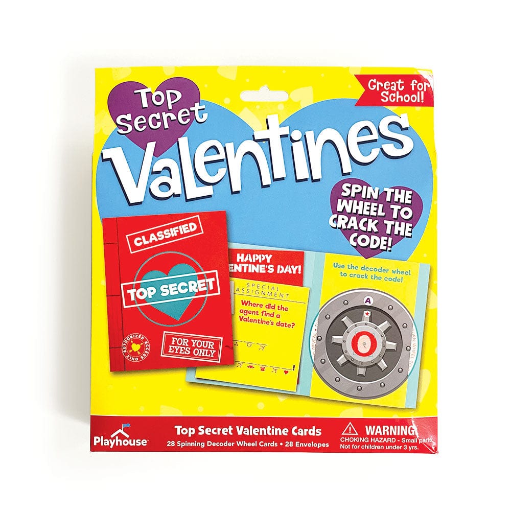 VPL-7033E - Valentine Cards Set - Top Secret Decoder - Colorful yellow packaging featuring red and blue spy-themed valentine cards with a circular decoder wheel and "Top Secret" branding