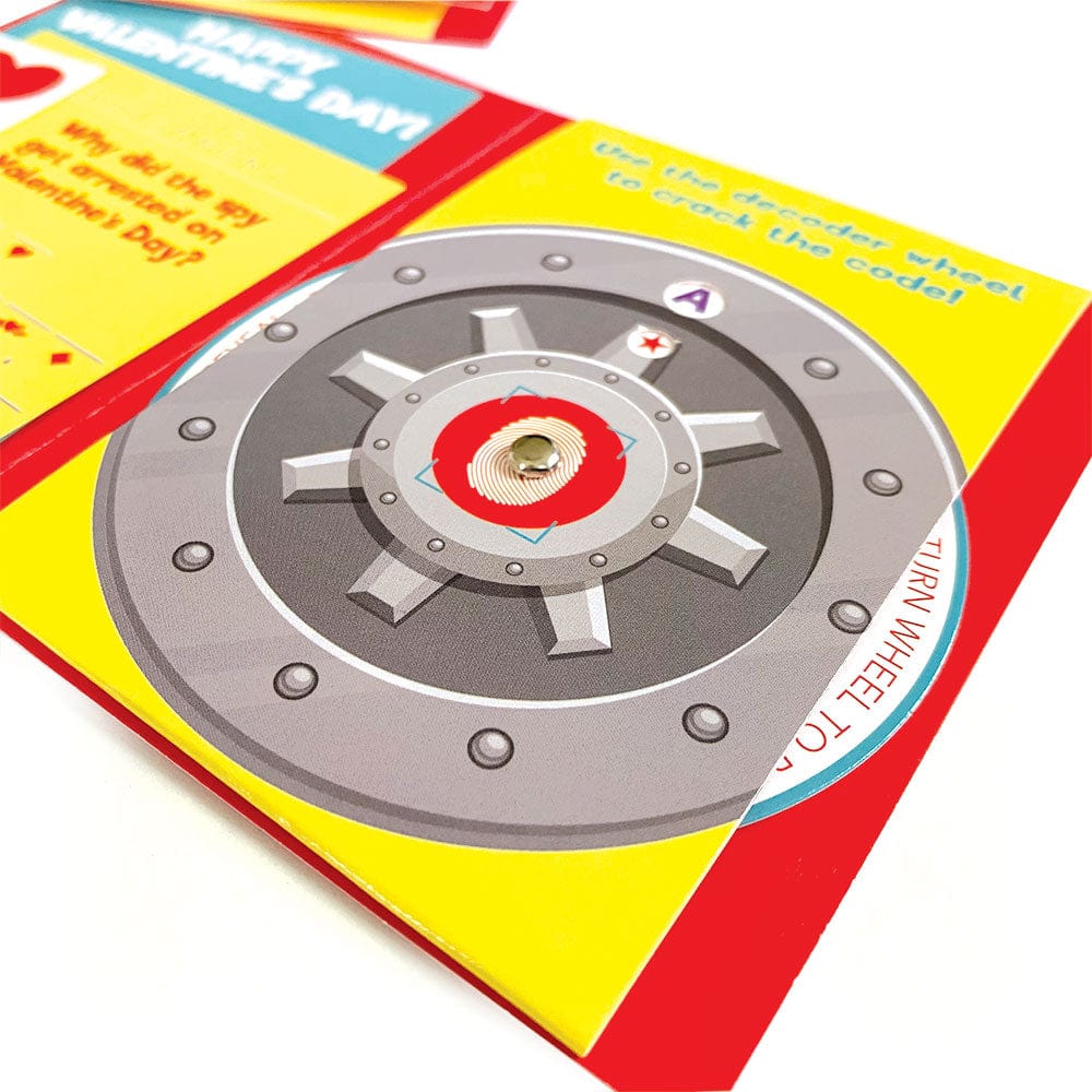 VPL-7033E - Valentine Cards Set - Top Secret Decoder - Red and gray decoder wheel with central red circle on yellow and red packaging card