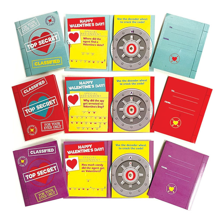 VPL-7033E - Valentine Cards Set - Top Secret Decoder - Three Valentine card sets in turquoise, red, and purple, each with decoder wheels and "Top Secret" themed designs
