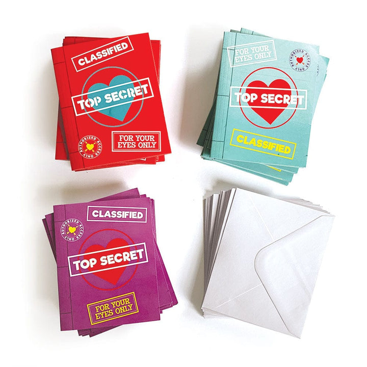 VPL-7033E - Valentine Cards Set - Top Secret Decoder - Three stacked card sets in red, mint green, and purple with "TOP SECRET" and "CLASSIFIED" designs, alongside white envelopes
