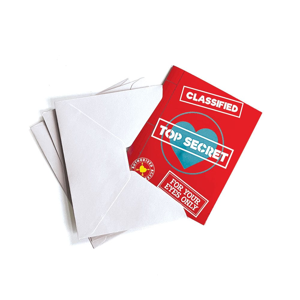 VPL-7033E - Valentine Cards Set - Top Secret Decoder - Red greeting card with "CLASSIFIED," "TOP SECRET," and "FOR YOUR EYES ONLY" stamps next to white envelopes